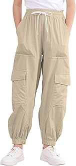 Kimoda Girls Cargo Pants Elastic Waist Casual Jogger Pants for Girls Streetwear Loose Parachute with Pockets 7-14Years