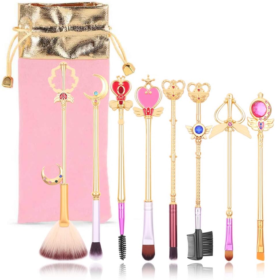 8 Pcs Kawaii Makeup Brush Set with Cute Pink Pouch, Cardcaptor Sakura Cosmetic Makeup Tool Sets & Kits for Daily Use and Valentine's Day/Thanksgiving/Birthday Gift - A