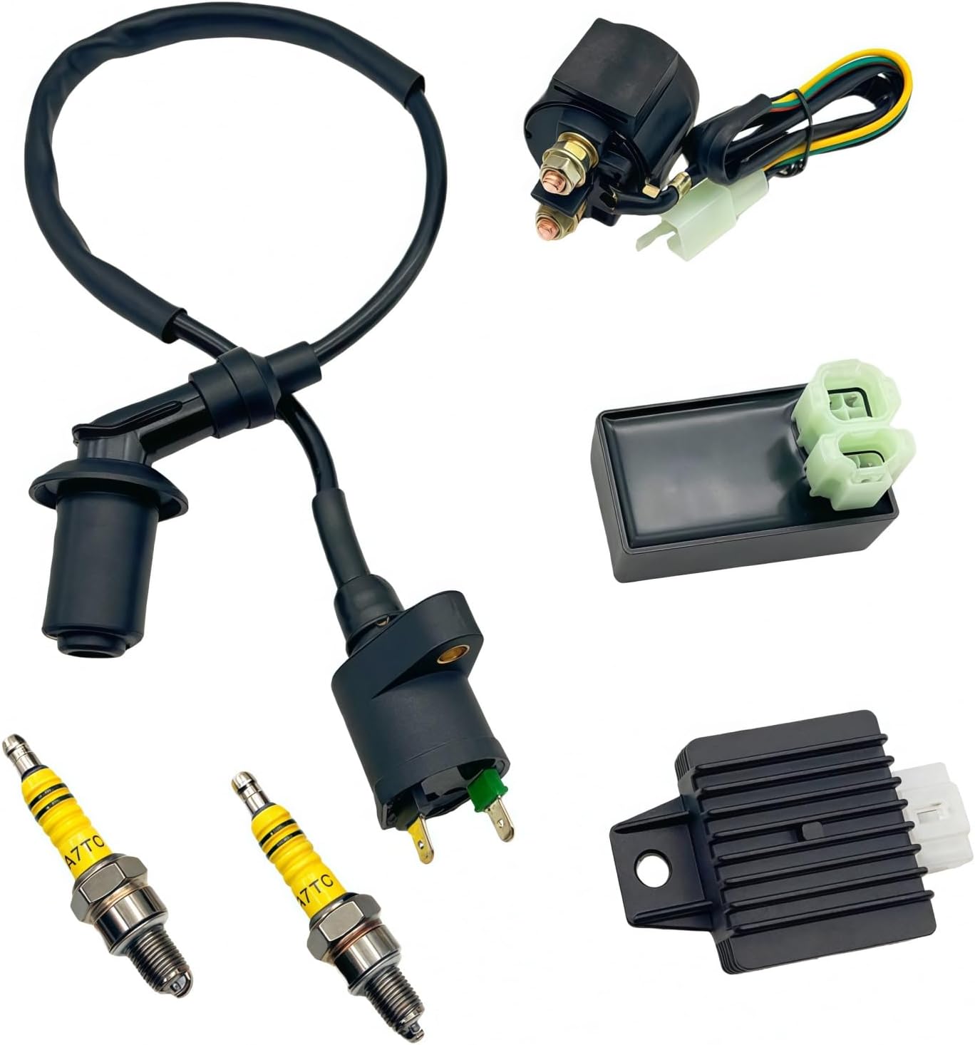 Ignition Coil + Racing 6 pin AC CDI Box + 4 Pin Voltage Regulator Rectifier + Solenoid Relay + 2*A7TC Spark Plug for GY6 50cc 80cc 125cc 150cc Scooter ATV Go Kart Moped Quad Pit Dirt Bike (Black)