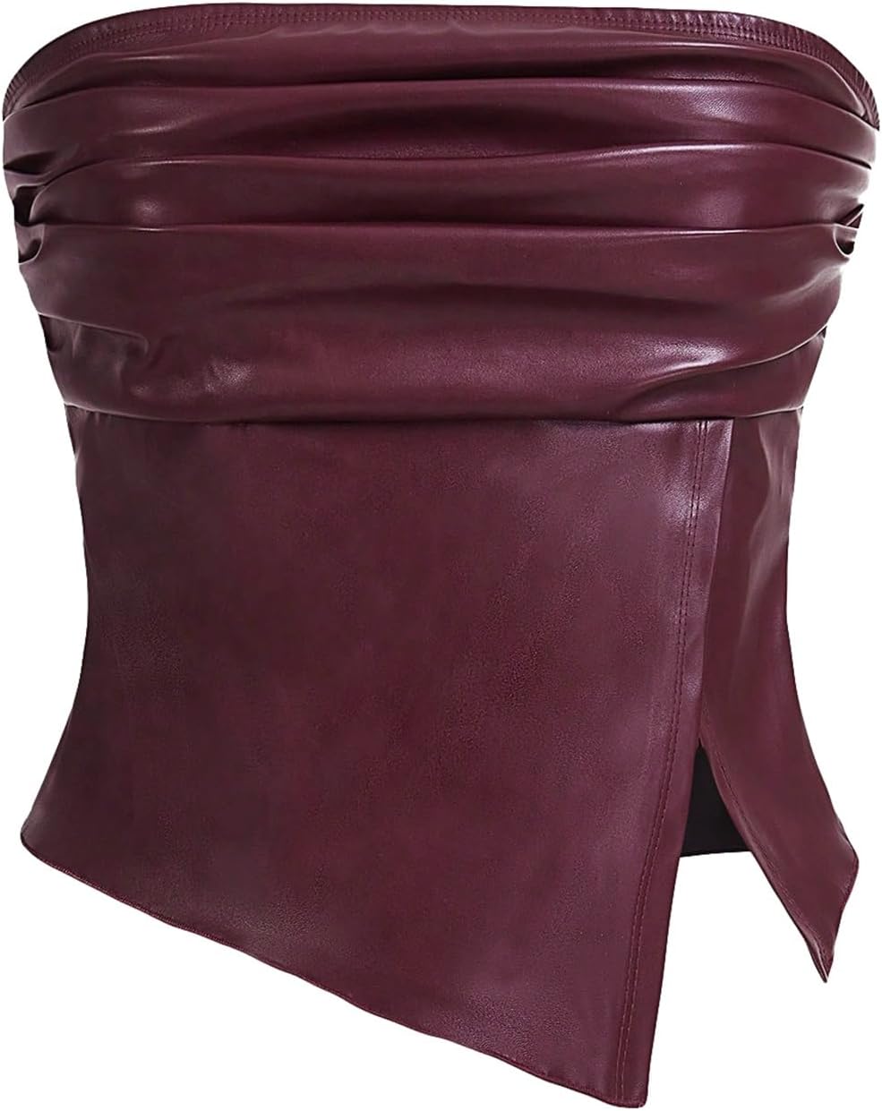 Milumia Women's Ruched Pu Leather Tube Top Strapless Split Hem Bandeaus Partywear
