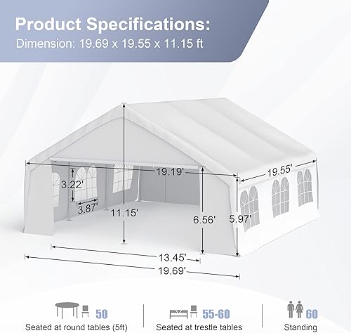 Miniatura 2 de Morngardo Tienda de campaña con toldo para fiestas, tienda de campaña resistente de 20 x 20 pies, garaje portátil de metal con paredes laterales