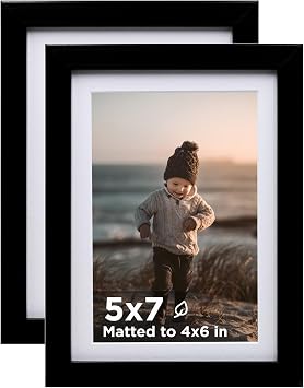 KINLINK 5x7 Picture Frame Black Set of 2, Wooden Photo Frames Matted 4x6 with Plexiglass for 4x6 with Mat or 5x7 without Mat for Table and Wall Display