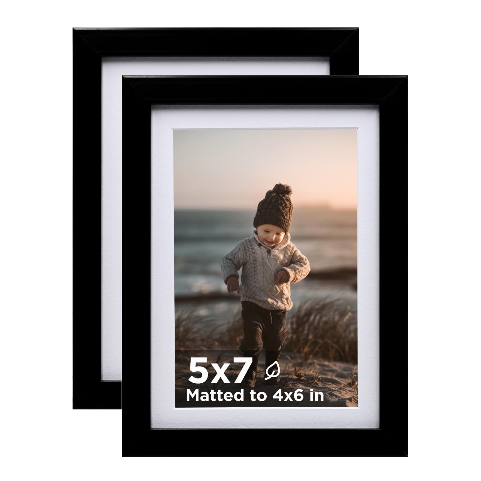 KINLINK 5x7 Picture Frame Black Set of 2, Wooden Photo Frames Matted 4x6 with Plexiglass for 4x6 with Mat or 5x7 without Mat for Table and Wall
