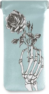 susiyo Hand Skeleton with Flower Blue Glasses Case Portable Microfiber PU Leather Soft Sunglasses Bag Eyeglasses Pouch Holder Squeeze Top for Women Men