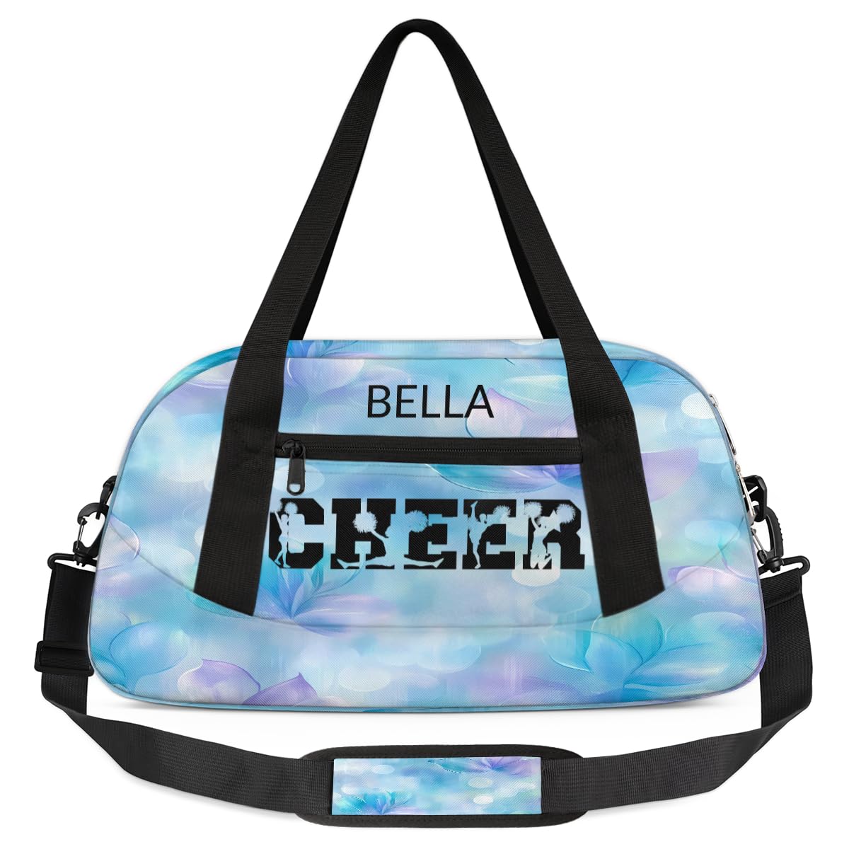 Peaom Custom Kids Sports Duffel Bag Purple Blue Bokeh Sparkling Floral Cheers Personalized Dance Gym Bag for Boys Girls Lightweight Weekender Travel