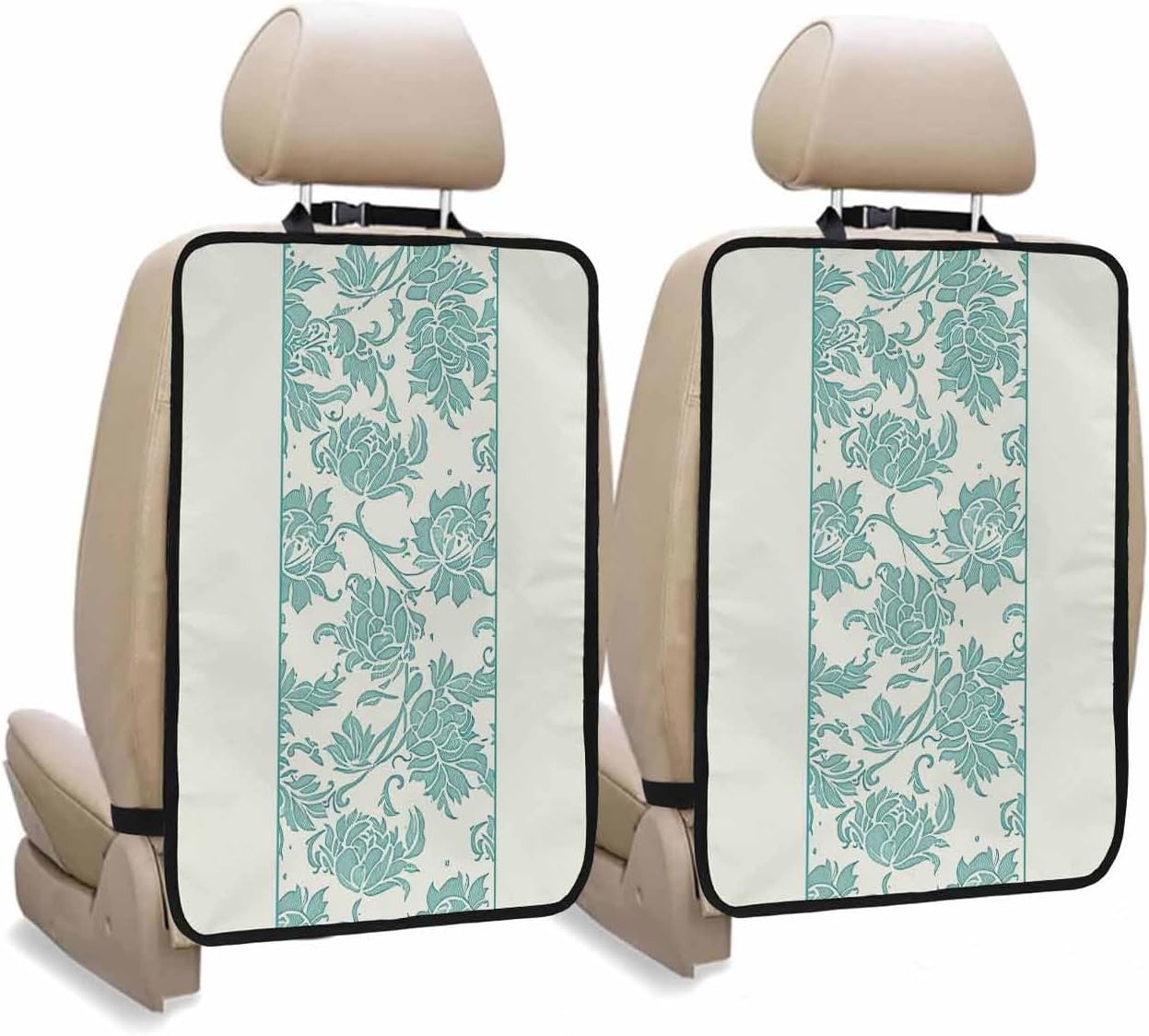 T&H XHome Car Seat Protector, 2 Pack Kick Mats Back Seat Protector Sage Green Ethnic Flower and Plant Printing Waterproof Backseat Cover for Kids Universal Fit Automotive Interior Protectors