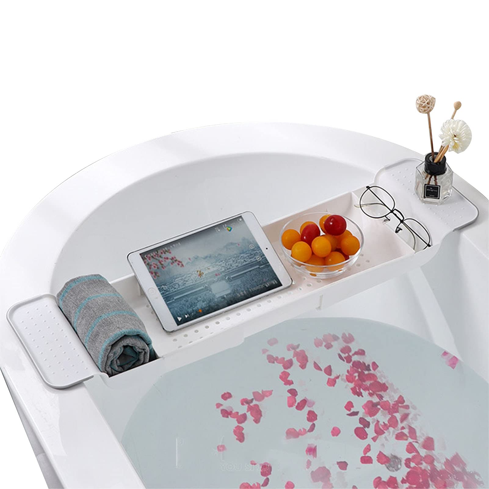 MYUYEE Expandable Bath Shelf Bathtub Tray Adjustable Bathtub Caddy Tray Storage Rack Multifunctional Bathtub Tub Organizer For Book Wine Phone Bathroom Shower Non-Slip (White)