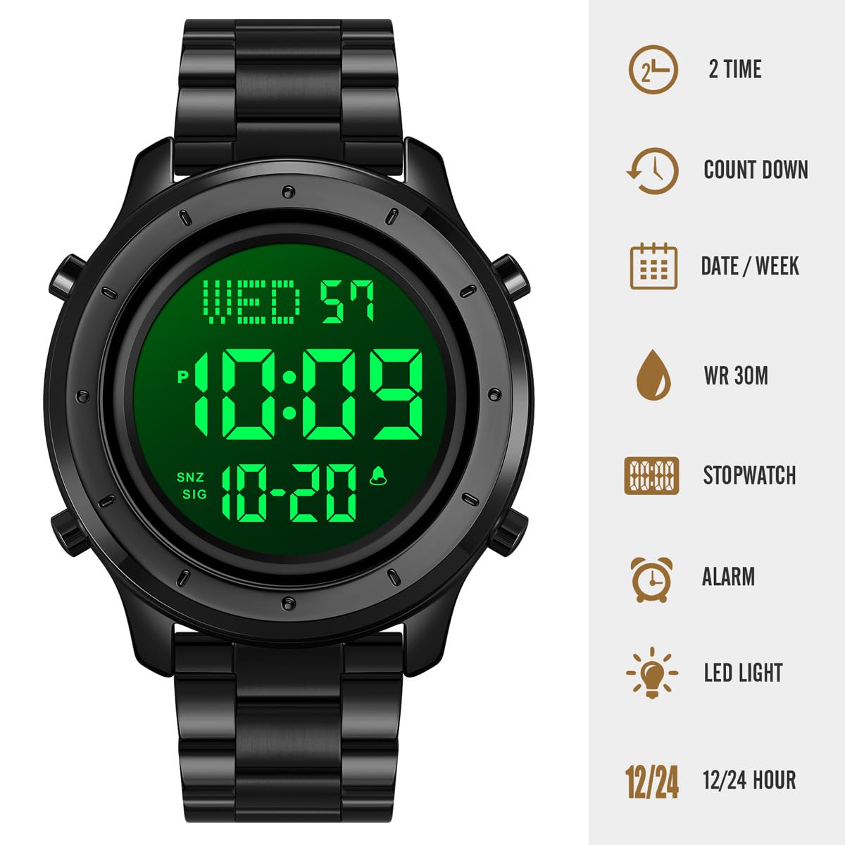 Montre numérique pour Homme en Cuir avec LED Minimaliste et chronomètre étanche en Acier Inoxydable