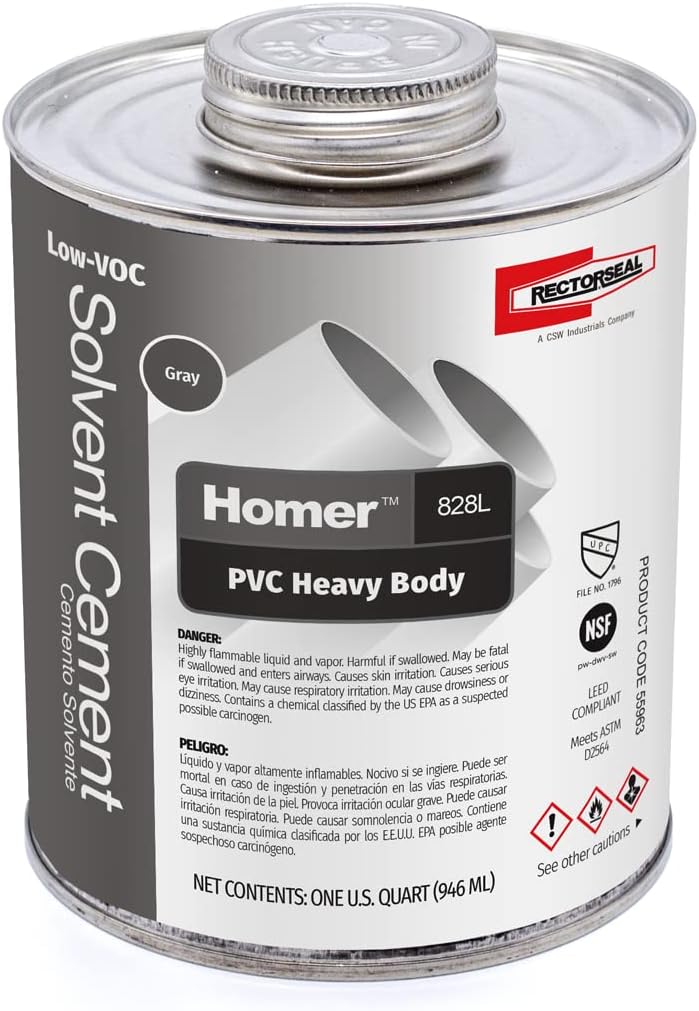 Rectorseal 55963 Quart 828L Heavy Body Grey Low Voc PVC Solvent Cement, 12 Cans