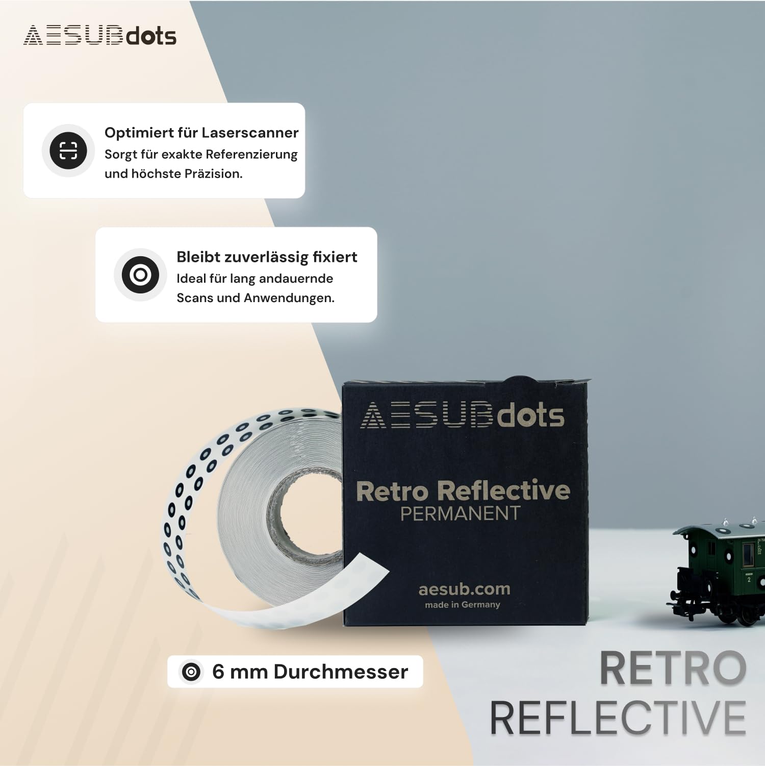 AESUB Puntos retro permanentes de 6 mm de diámetro, puntos de referencia retroreflectantes para escáneres 3D, fuerte adhesión a escáneres de escaneo, doble banda con perforación de demolición, para