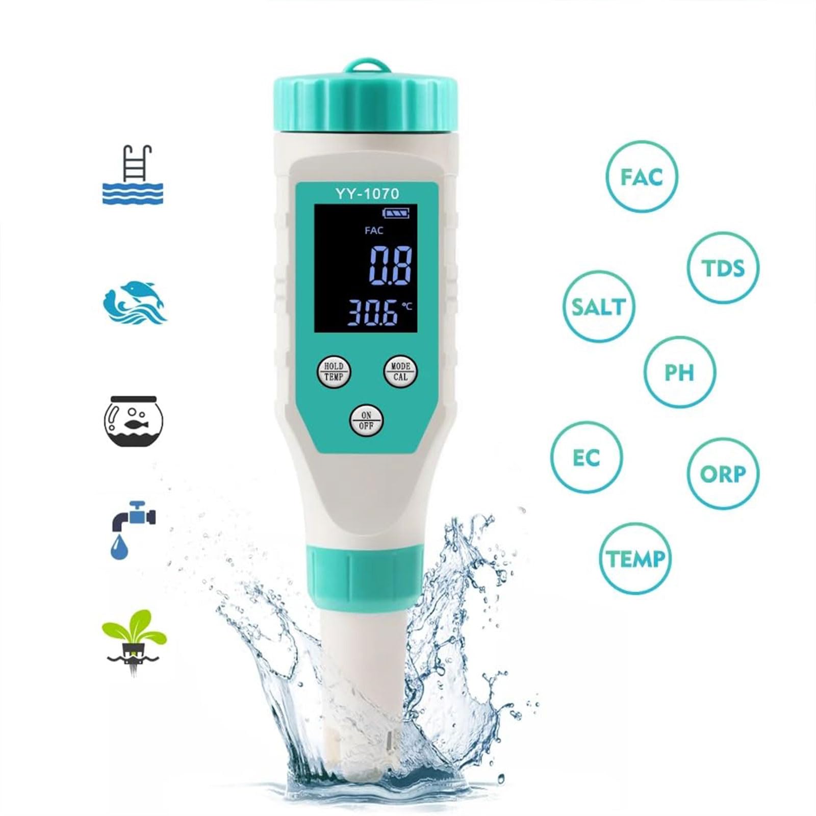 Inteligentny Miernik Ph, Tester Zasolenia Basenu z PH/Wolnym Chlorem/ORP/EC/TDS/Solą/Temperaturą, Cyfrowy Tester Zasolenia 7 W 1 Do Akwariów Morskich, Basenów, Wanien Z Hydromasażem, Spa