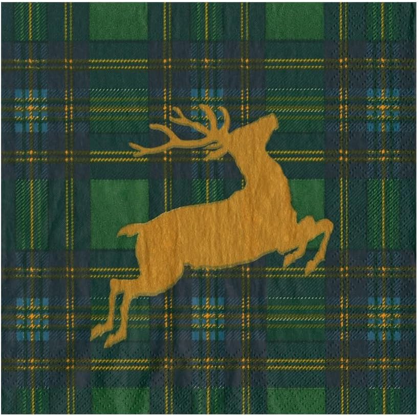 Caspari Reindeer Tartan Green Luncheon Napkins - includes 20 Luncheon Napkins