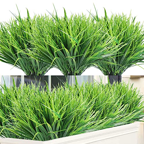 Homcomodar Artificial Grass Plants for Outdoors 12 Bundles Artificial Shrubs Wheat Grass Greenery UV Resistant Outdoor Plastic Plants Bushes for Garden Yard Porch Window Box Hanging Decoration