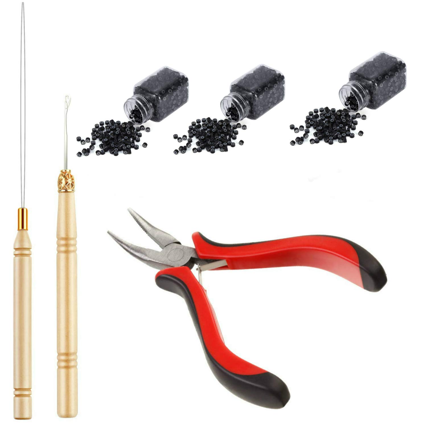 NOEYUN Hair Extension Pliers Kit Pulling Hook Bead Device Tool Kits and 1500 Pieces 5mm Silicone Lined Micro Rings(Black,1500Pcs)