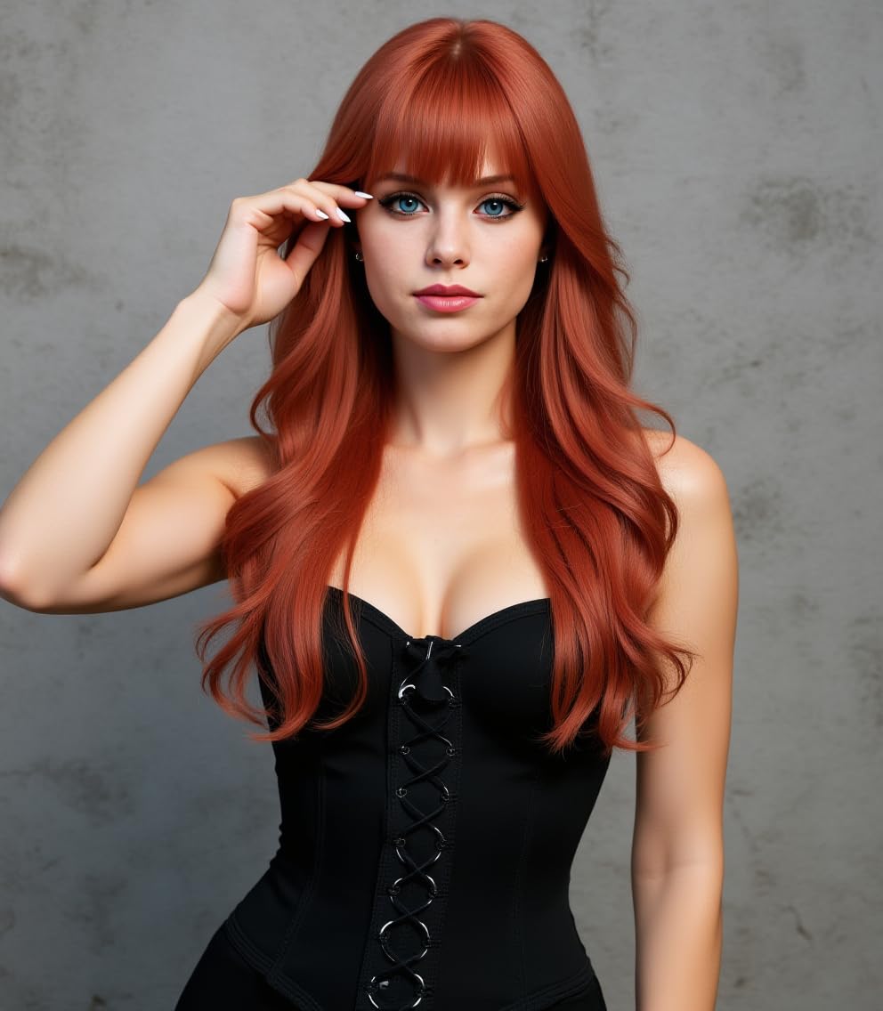 Rugelyss Long Wavy Auburn Wigs for Women, 20 Inches Copper Red Wig with Bangs Synthetic Ginger Hair Wig for Daily Party - Image 4