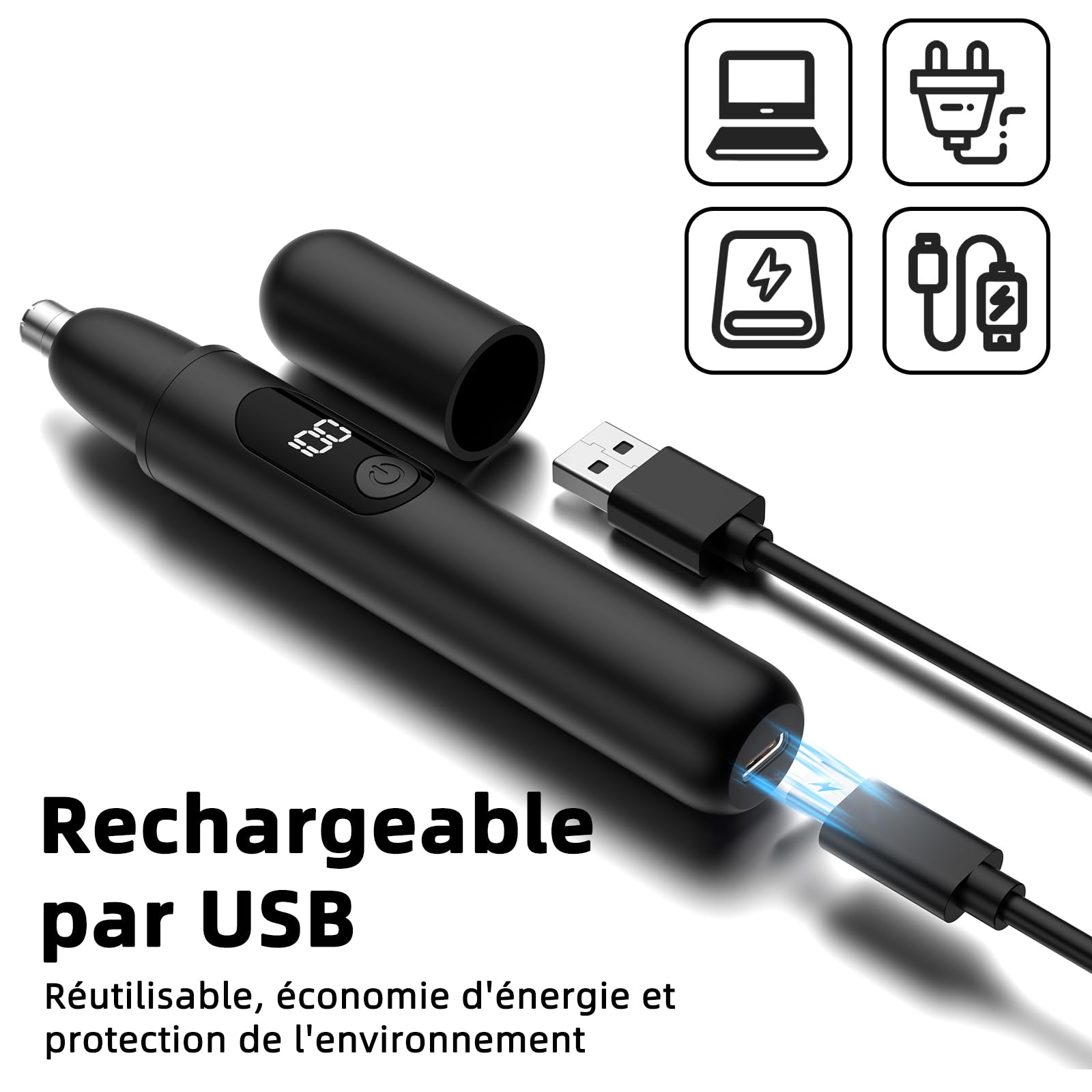 Tondeuse pour les poils de nez, tondeuse sans fil pour le nez et les oreilles avec ligne de charge de type C, voyant lumineux pour les hommes et les femmes (Noir)