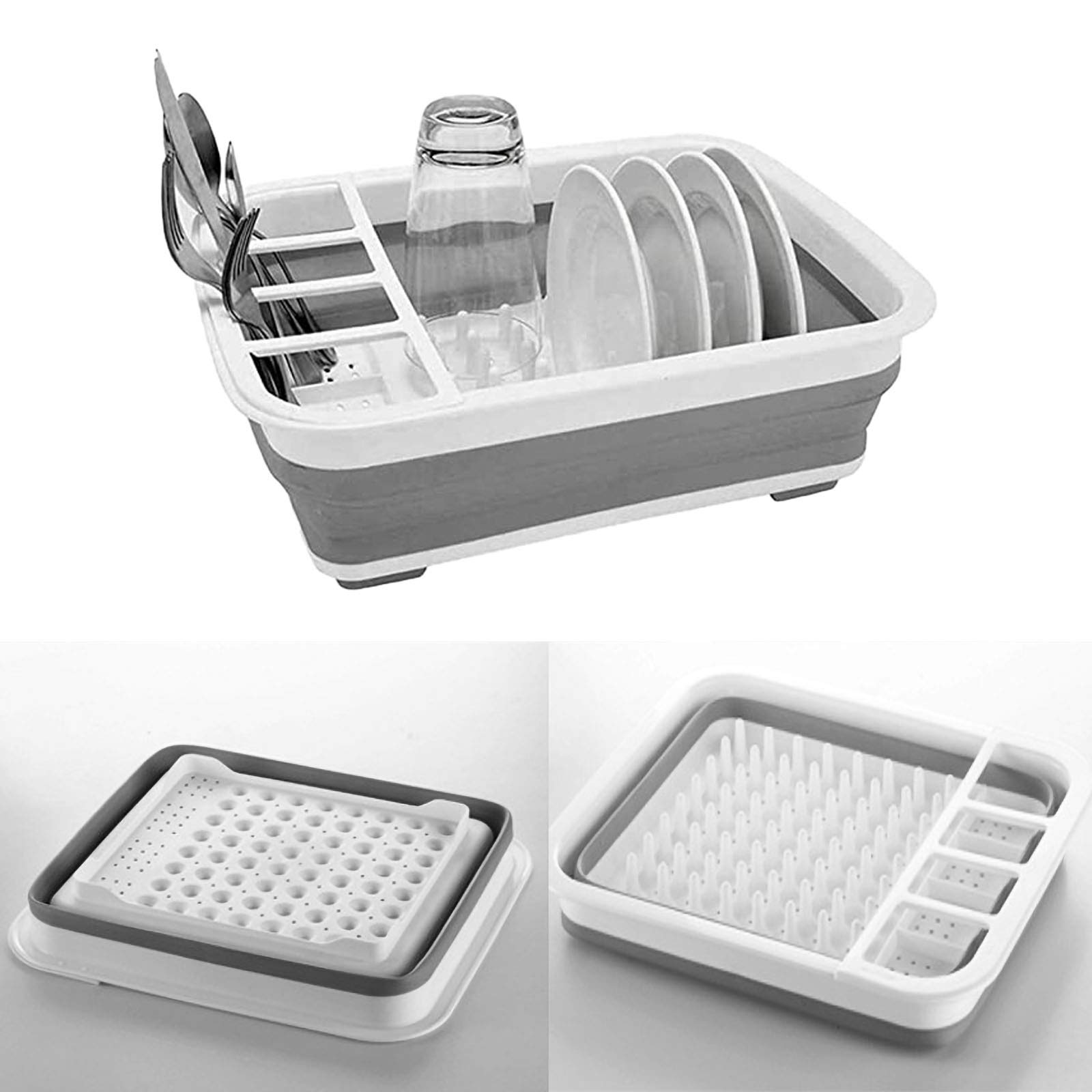 Escurreplatos plegable, escurridor de platos portátil, organizador de vajilla, estante plegable de almacenamiento de vajilla, estante de cubiertos para encimera de cocina, accesorios de caravana (gris