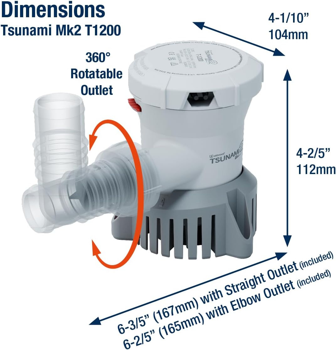 Attwood 5612-7 Tsunami Mk2 T1200, 12V, Manual Bilge Pump, 1200 GPH, with Fittings (Elbow & Straight), Direct Replacement for Attwood 4612-7