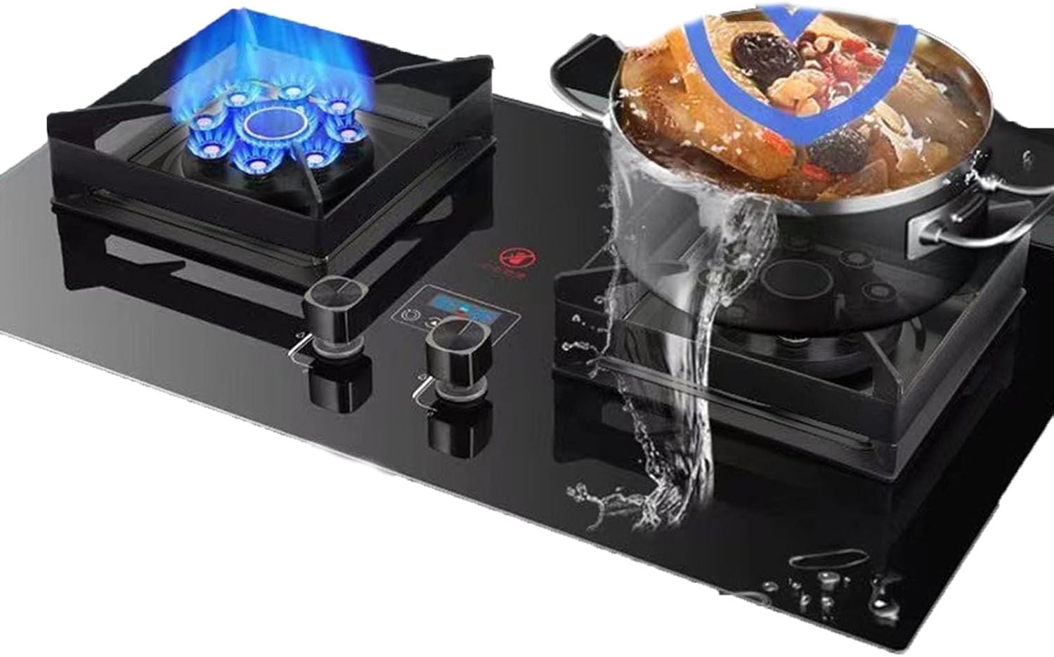 5.2KW Gas Stove - Cooker, Kitchen Range Dual Burner, Adjustable Flame Size Household, Tempered Glass Built-in Hob, with Timing Function(LPG)(LPG)