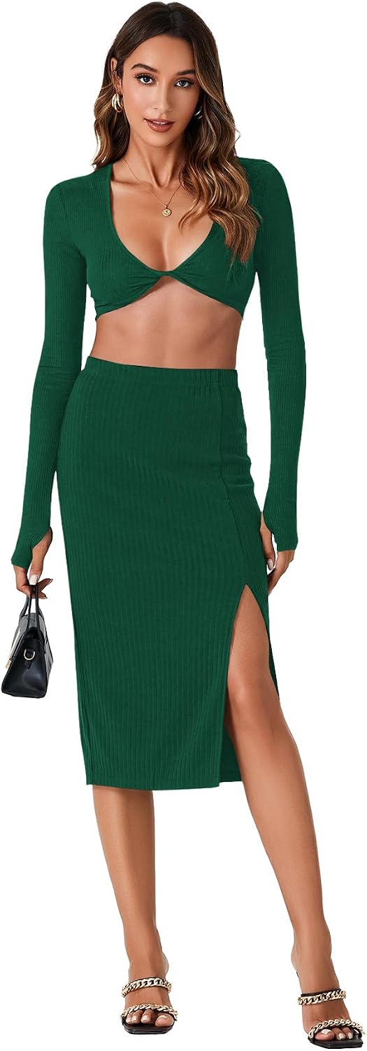 Vrtige Women's High Waist Stretchy Slit Slit Hem Ribbed Knit Bodycon Pencil Midi Skirt