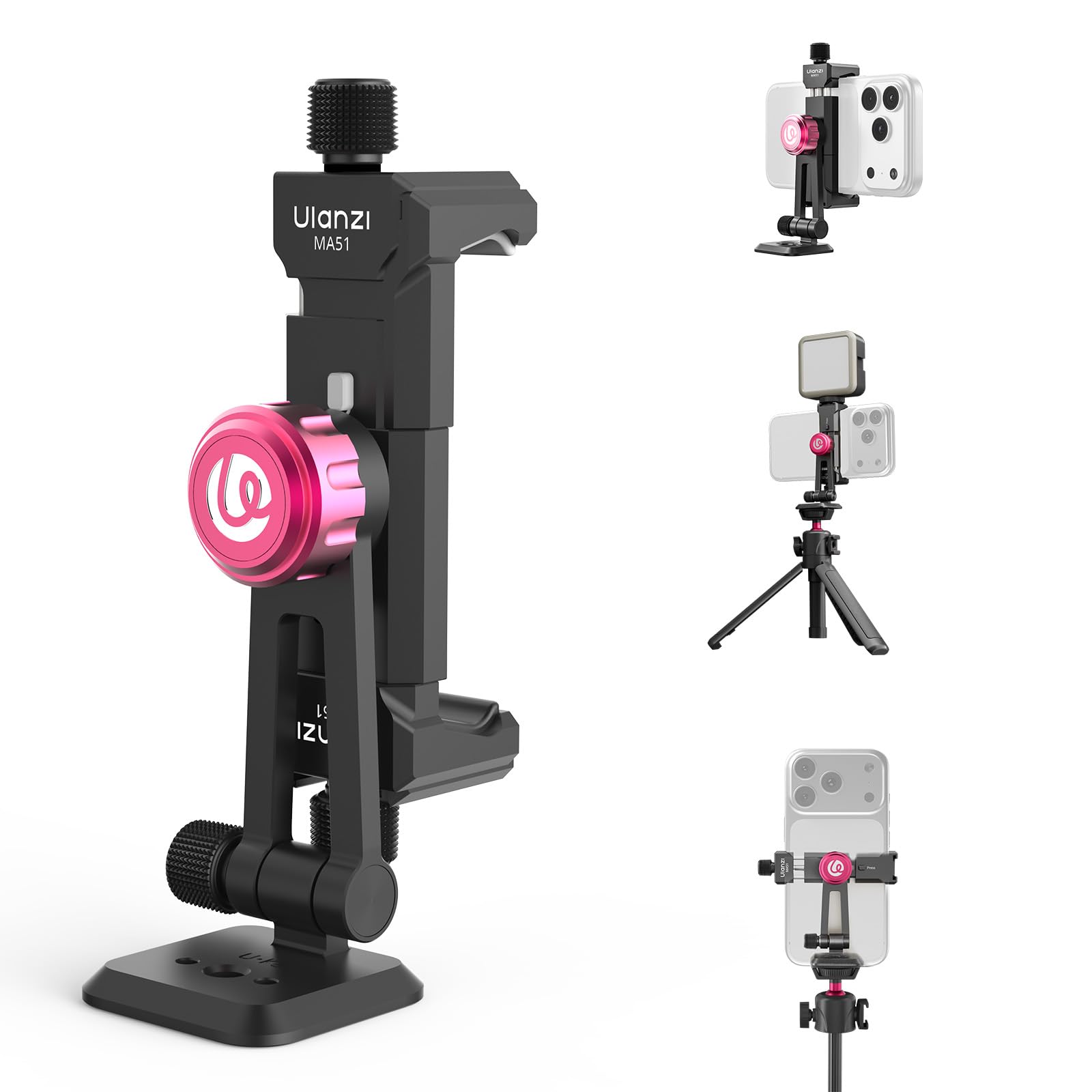 ULANZI MA51 Metal Phone Tripod Mount, Phone Clamp with Arca UKA Base, Cold Shoe, Arri Locating Holes, 360° Swivel 180° Tilt, Cell Phone Holder Compatible with iPhone 17 16 15 14 Samsung Cell Phone