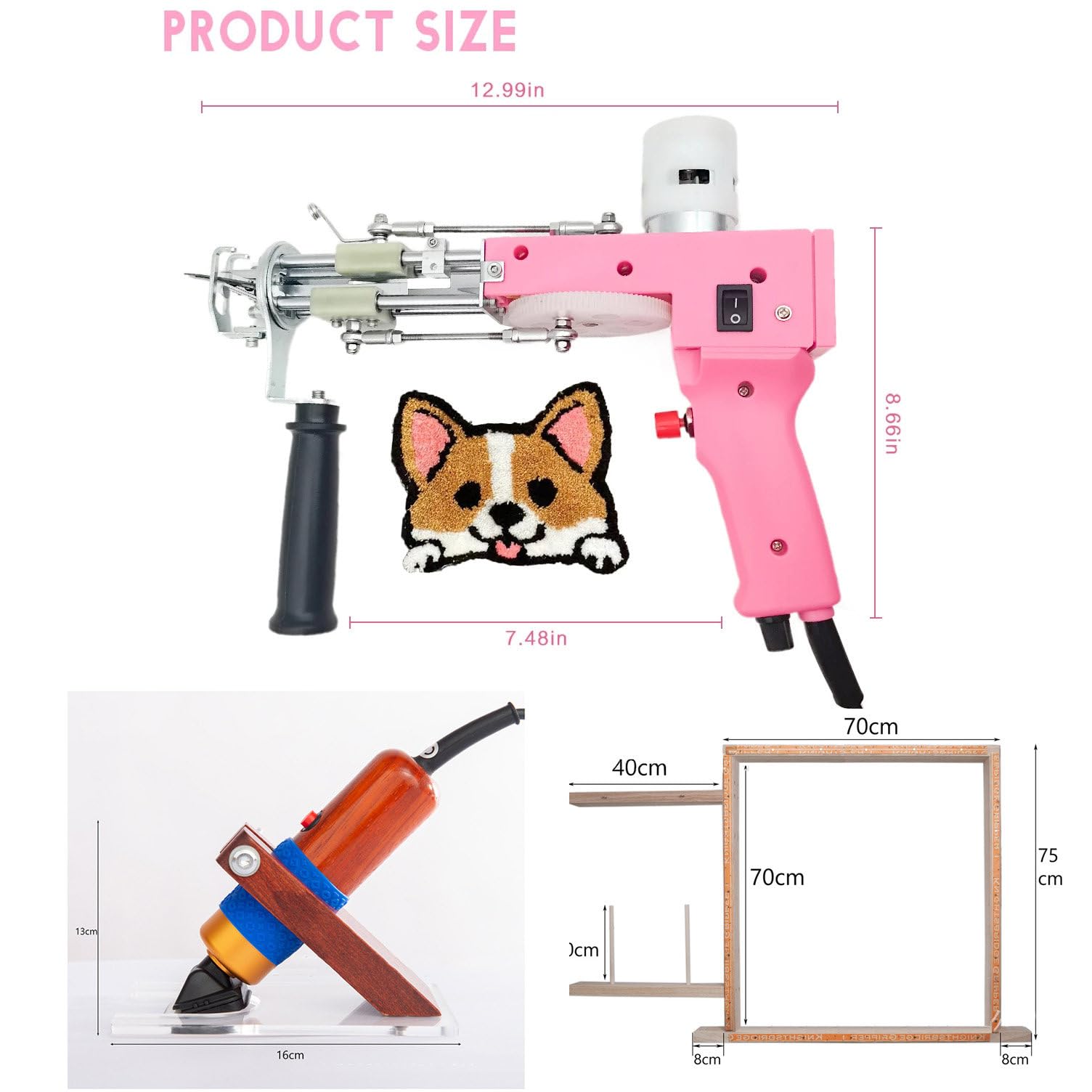 Zestaw Startowy Pistolet Tufting, Pistolet + Trymer Dywanów + 12 Włókien + Tkanina Tufting + Stojak, 2-w-1 Cięcie & Pętelka, 5-40 Ściegów/Sec, Zestaw Dywanów dla Początkujących