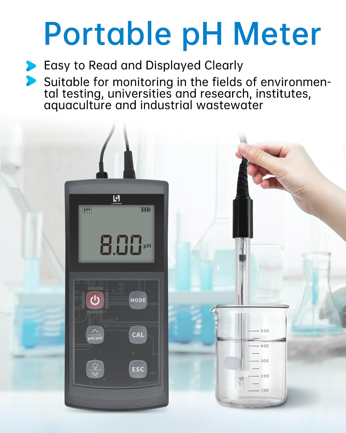 Portable pH Meter, High Accuracy, Large Backlight Display, pH Tester with ATC, Digital pH Meter for Drinking Water/Lab/Pool/Biomedicine/Aquarium, 0-14 Measurement Range