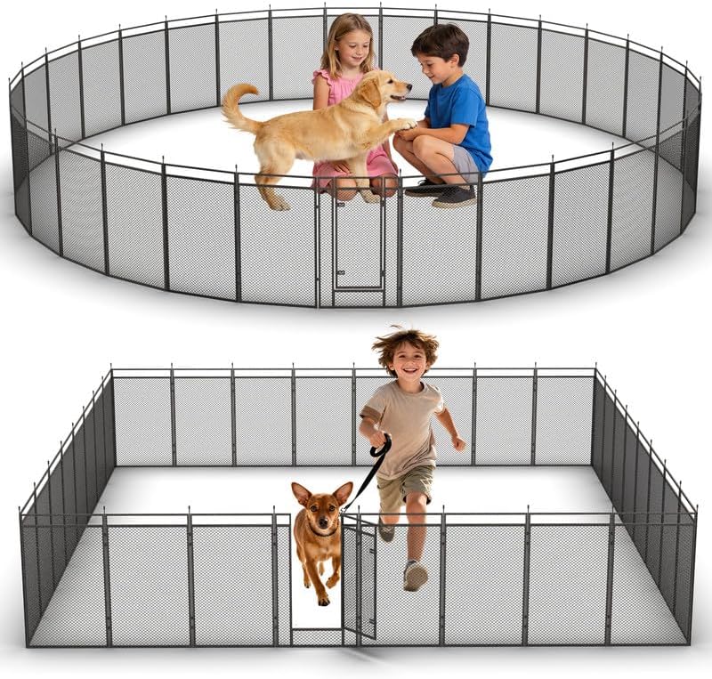 Dog Playpen with Safety Mesh, 32.11" Height 8 Panels Metal Dog Fence Indoor Outdoor, Portable Dog Kennel for Camping, Yard & RV | Black-Silver
