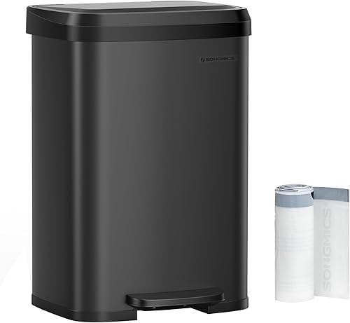 SONGMICS Cubo de basura para cocina, 13 galones (50 L) de acero inoxidable, con tapa que permanece abierta y pedal para pisar, cierre suave, alto,