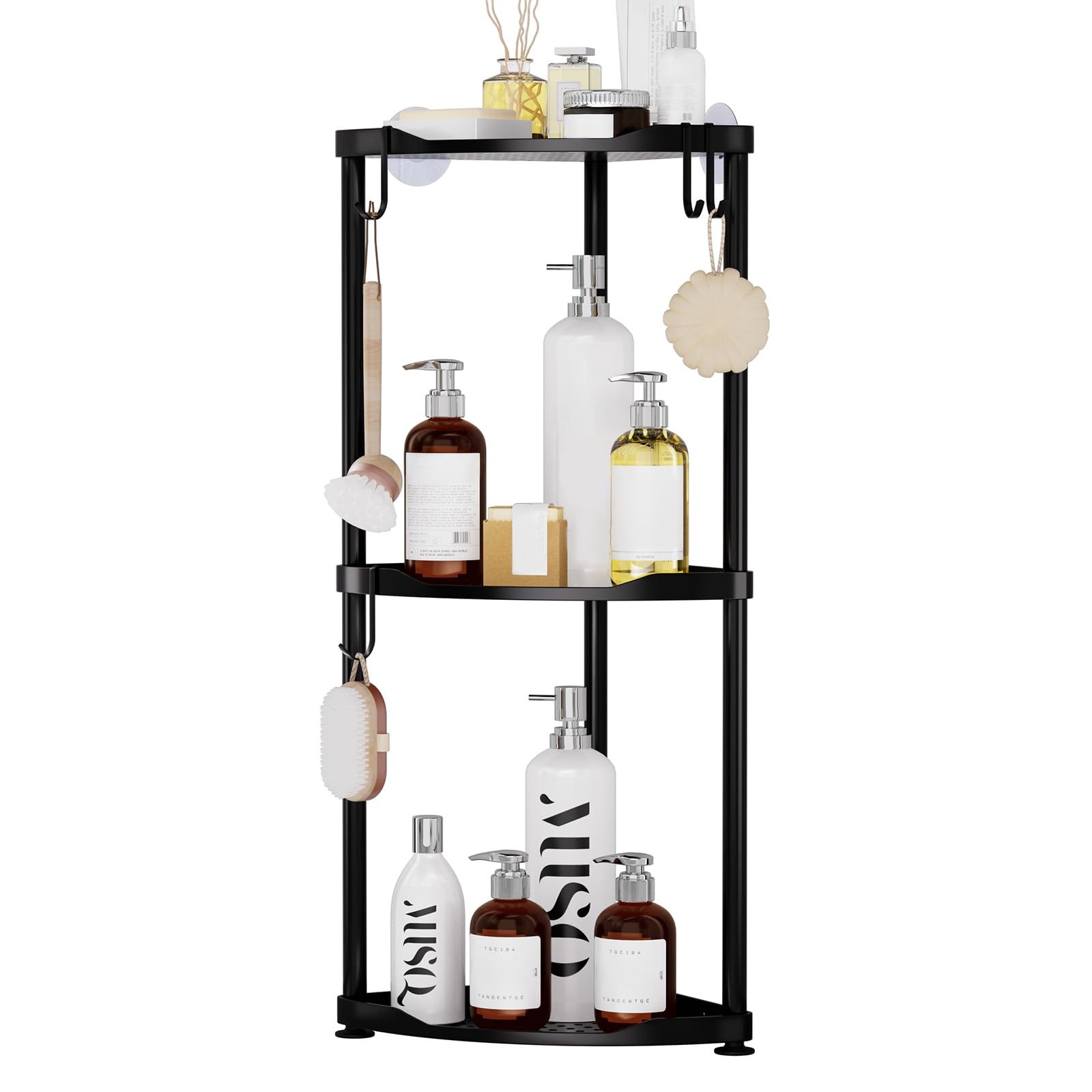 SWTYMIKI Corner Shower Caddy Standing - 3 Tier Stainless Steel Shower Organizer Stand, Large Capacity Floor Shelf with 4 Hooks, Rustproof Bathroom Storage Rack, Black