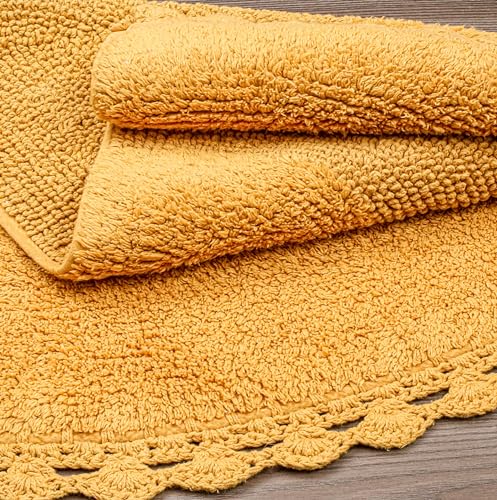 Half Circle Bohemian Bathroom Rug with Handwoven Chrochet Border Beautifully Handcrafted 100% Cotton Mat - 22x42 Round Boho Bedroom Rug Boho Bathroom Dcor Machine Washable - Honey Mustard