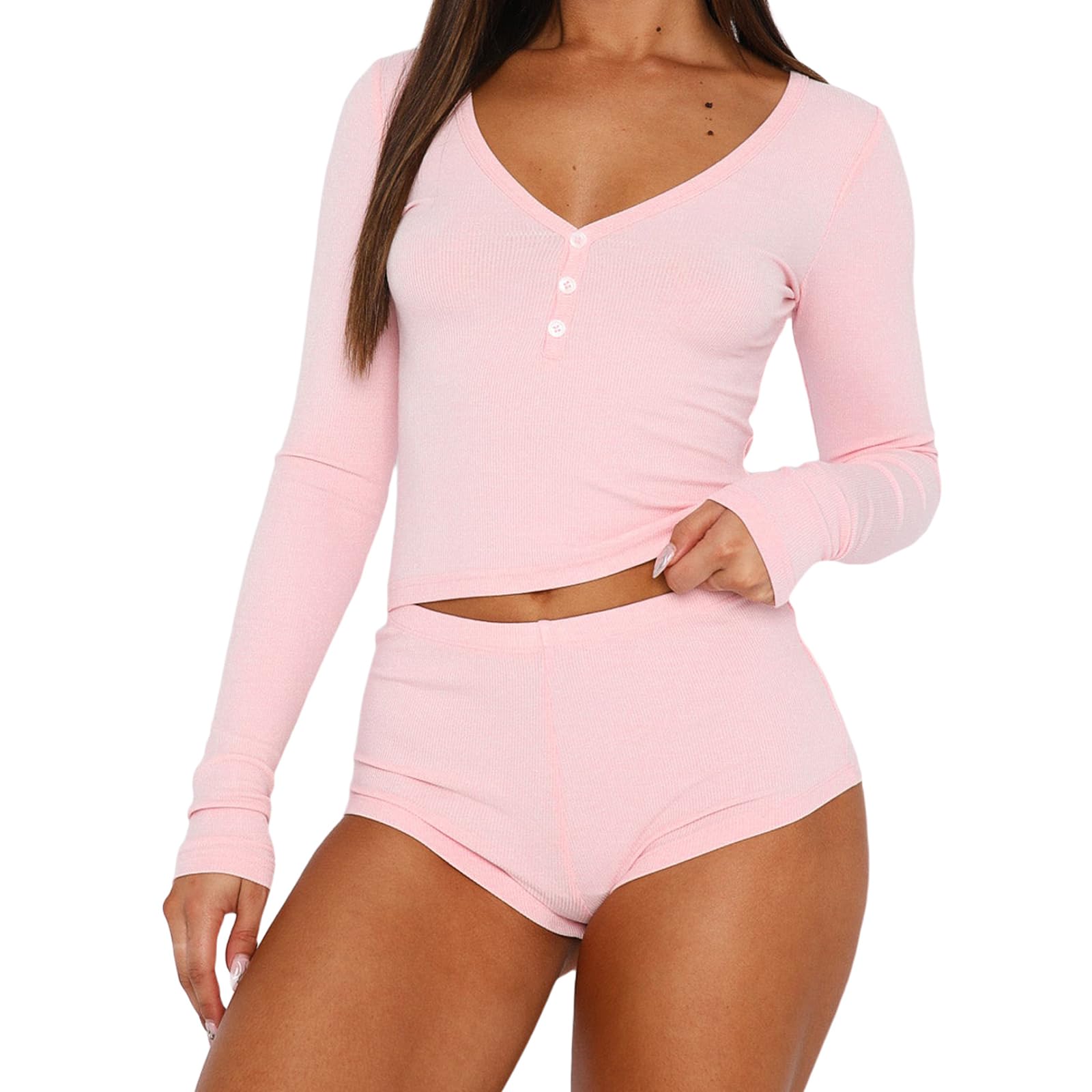 Multitrust Women Two Piece Lounge Set Long Sleeve Crop Tops and High Waist Shorts Ribbed Matching Pajamas Sets Loungewear: Small Pink
