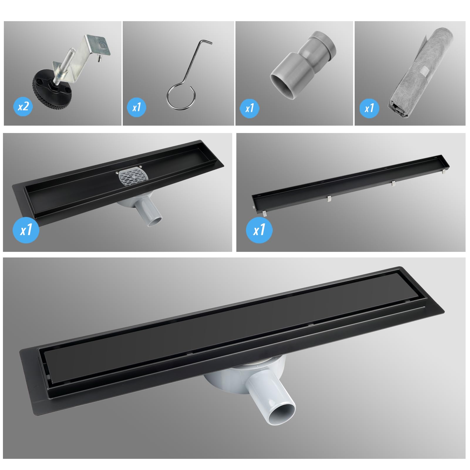 Canaletta Scarico Doccia Nero 40cm 2 in 1 in Acciaio Inox,Scarico Doccia Sifone girevole a 360° con filtro antiodore e filtro per capelli,Canalina Doccia Filo Pavimento