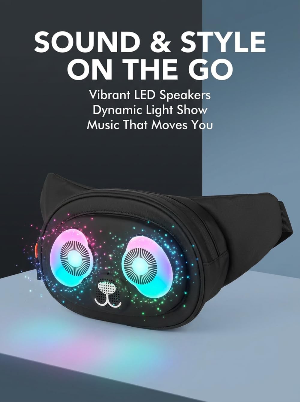 Gelrova Regenfeste Bauchtasche mit Lautsprecher und LED-Lichtern – spritzwassergeschützte Hüfttasche, Schnellverschlussgurt, Musik-Synchronisations-Augenlichter, für Freizeitausflüge PandaSync