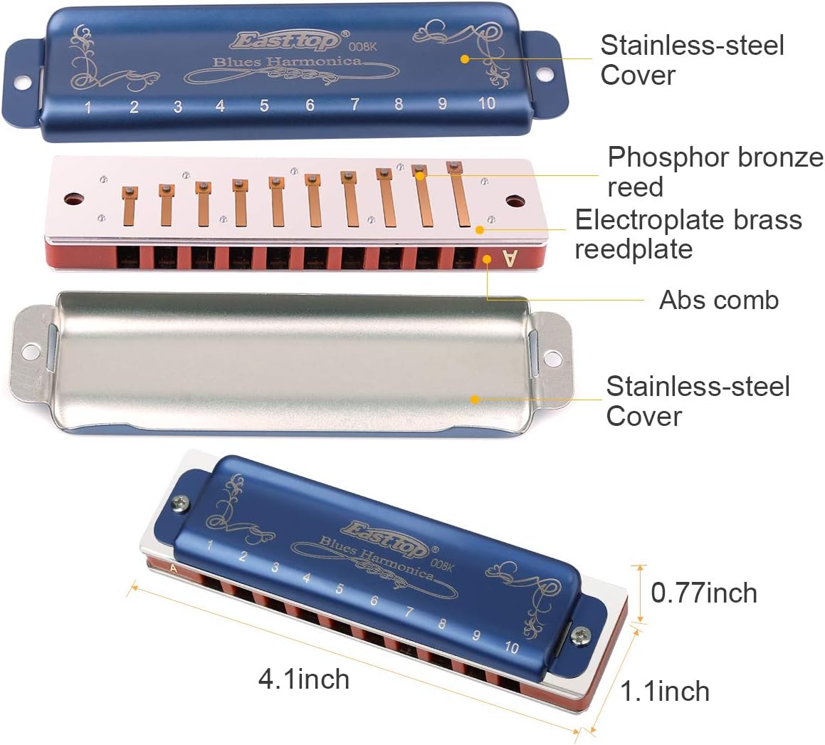 East top Professional Harmonica Blues Key of A 10 Hole 20 Tone Heavy Duty with Case & Cleaning Cloth for Professional Player, Beginner by Eison-East Top,Blue,Best Gift