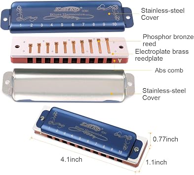 East top Professional Harmonica Blues Key of A 10 Hole 20 Tone Heavy Duty with Case & Cleaning Cloth for Professional Player, Beginner by Eison-East Top,Blue,Best Gift