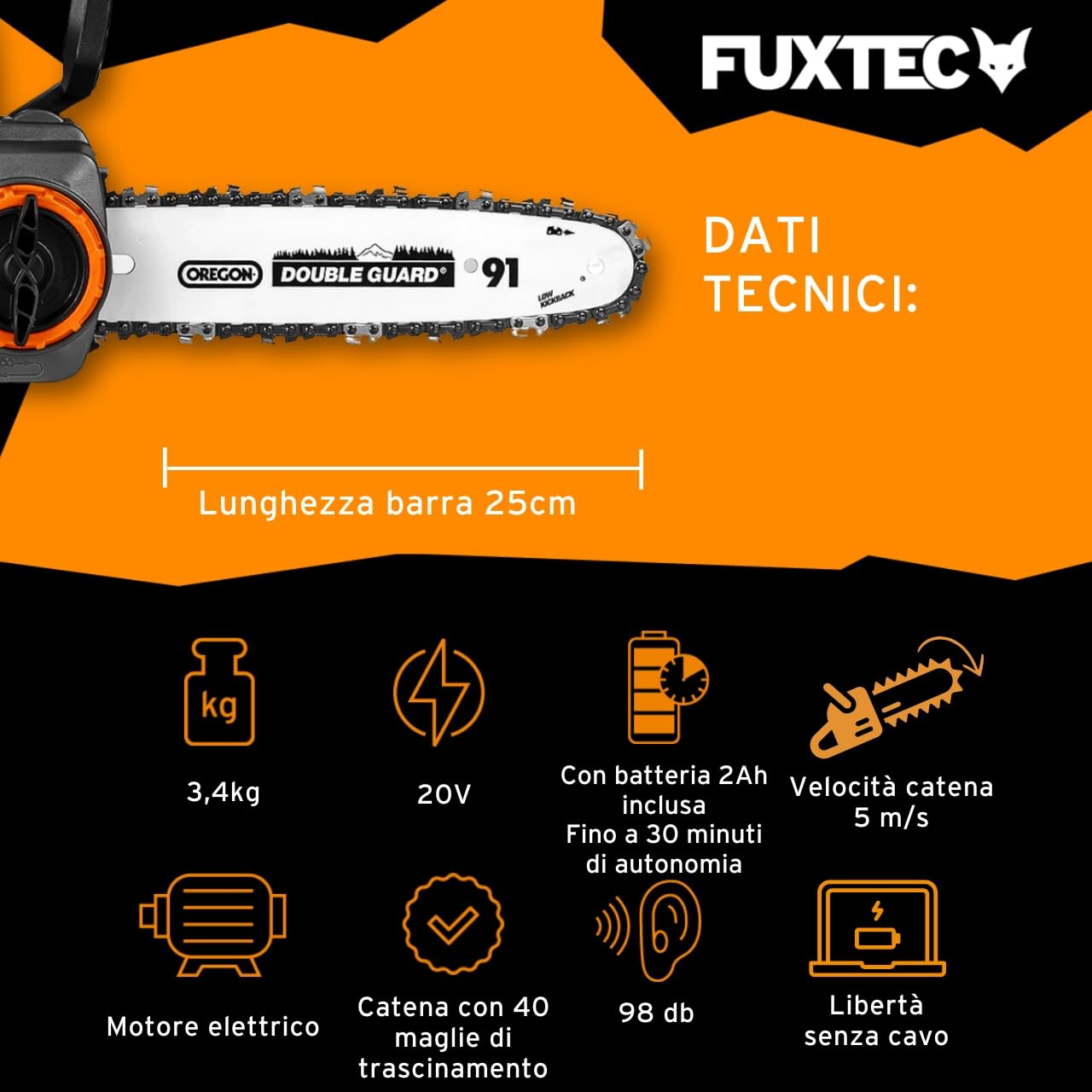 Motosega a batteria 20V FUXTEC FX-E1KS20 – con batteria e caricatore – lunghezza di taglio 24 cm (10 pollici) velocità della catena di 5m/s – leggera e compatta