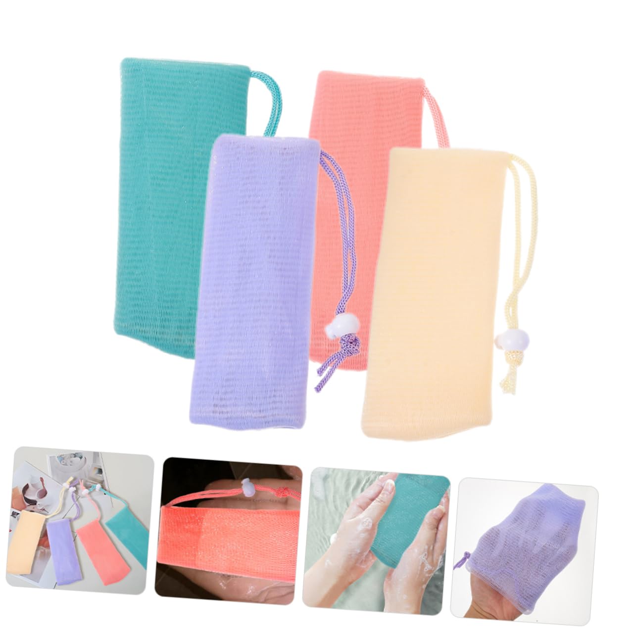 4Pcs Bar Soap Pouch Mesh Bags for Face Washing and Bathing Hanging Lanyard Soap Foaming Nets for Gentle Exfoliating and Convenient Storage in Bathroom