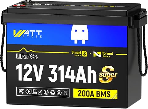 Wattcycle 12V 314Ah Mini LiFePO4 Lithium Battery, 4.01kWh Super Mini Batterys, 4-in-1 Smart Bluetooth Switch, 3A Active Balancer, 200A BMS, 6000+ Deep Cycles Battery for RV, Solar, Home, Off-Grid