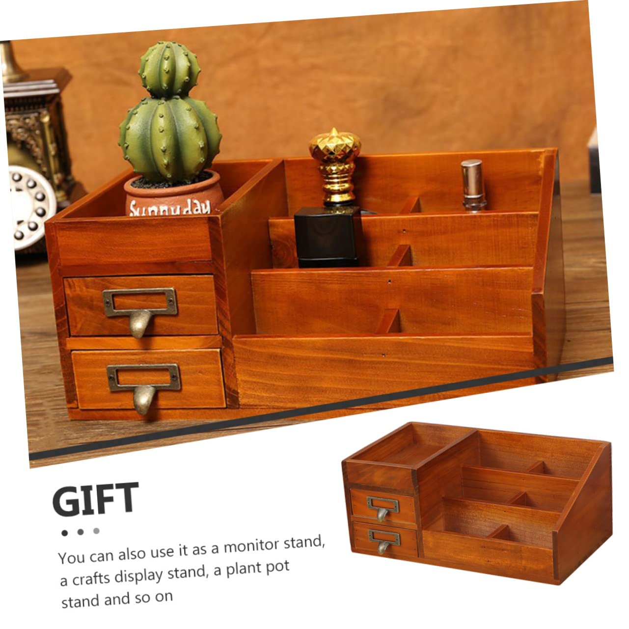 Schminkorganizer Holz mit 6 Fächern und 2 Schubladen, Tischablage