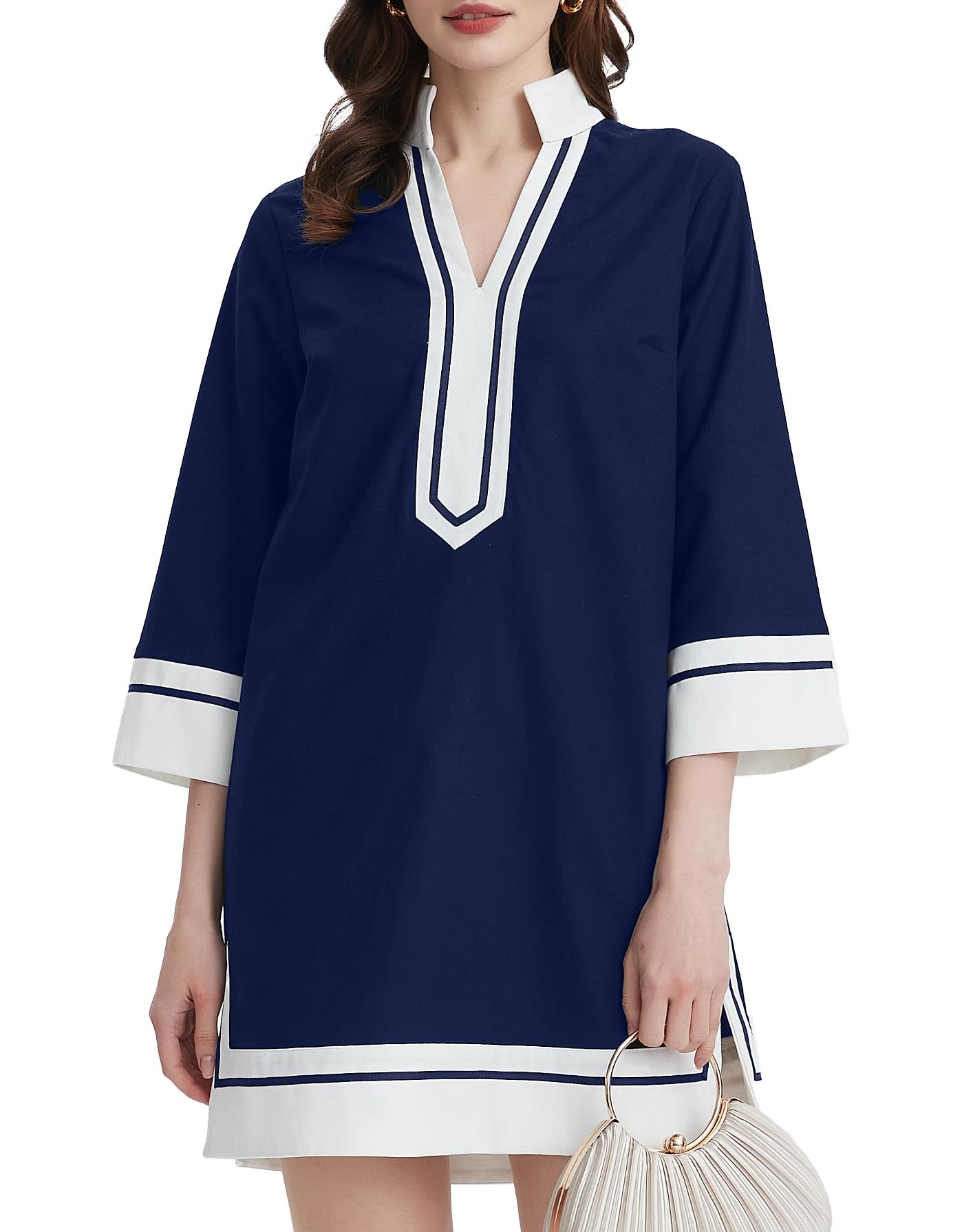 Kedera Womens Linen Shift Dress V Neck 3 4 Sleeve Deep V Neck Casual Mini Collared Dress for