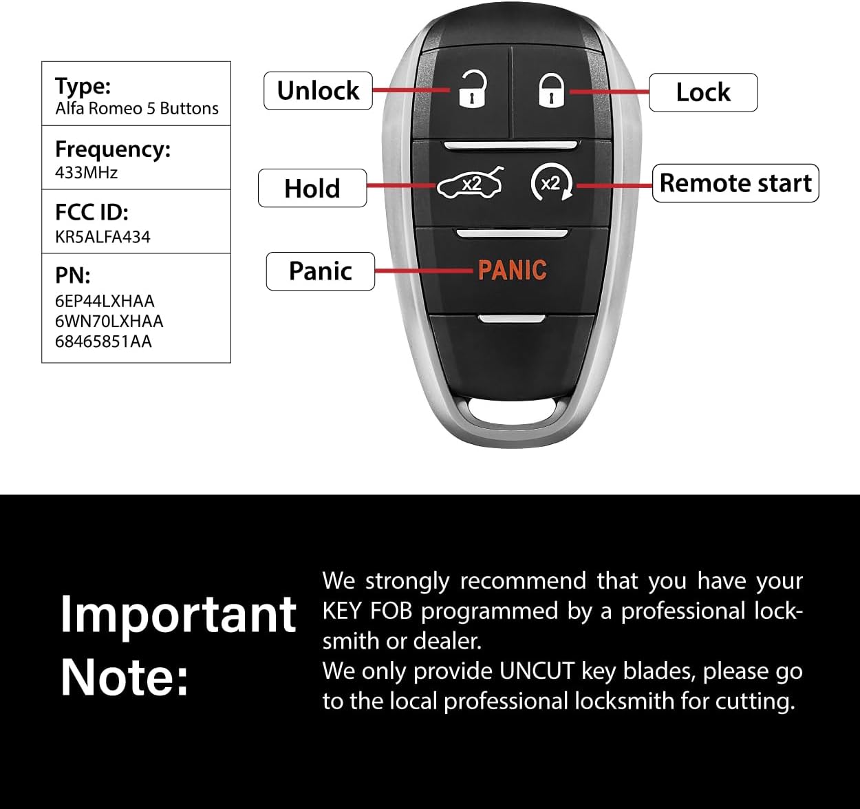 Replacement for 2017 2018 2019 2020 2021 2022 Alfa Romeo Giulia Stelvio Key Fob Remote Control KR5ALFA434 5 Buttons 4A 433MHz