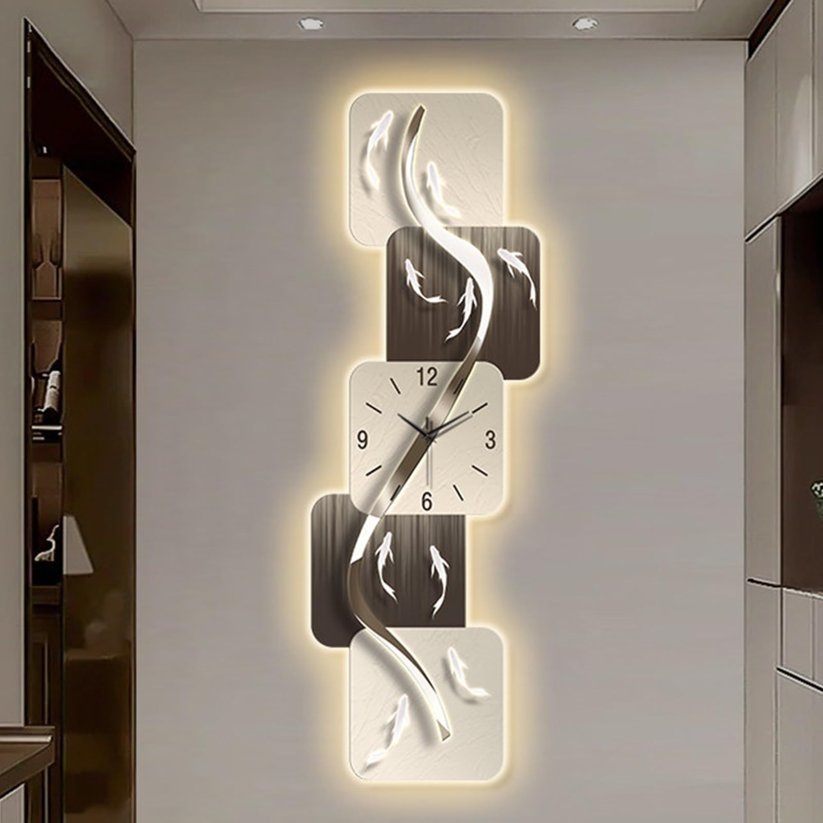 Zegar ścienny 3D z oświetleniem LED, dekoracyjne rzeźby ścienne ze światłami, zasilacz wtykowy, dekoracja wisząca, odpowiedni do korytarza, salonu, jadalni (szary, 120 x 40 cm)