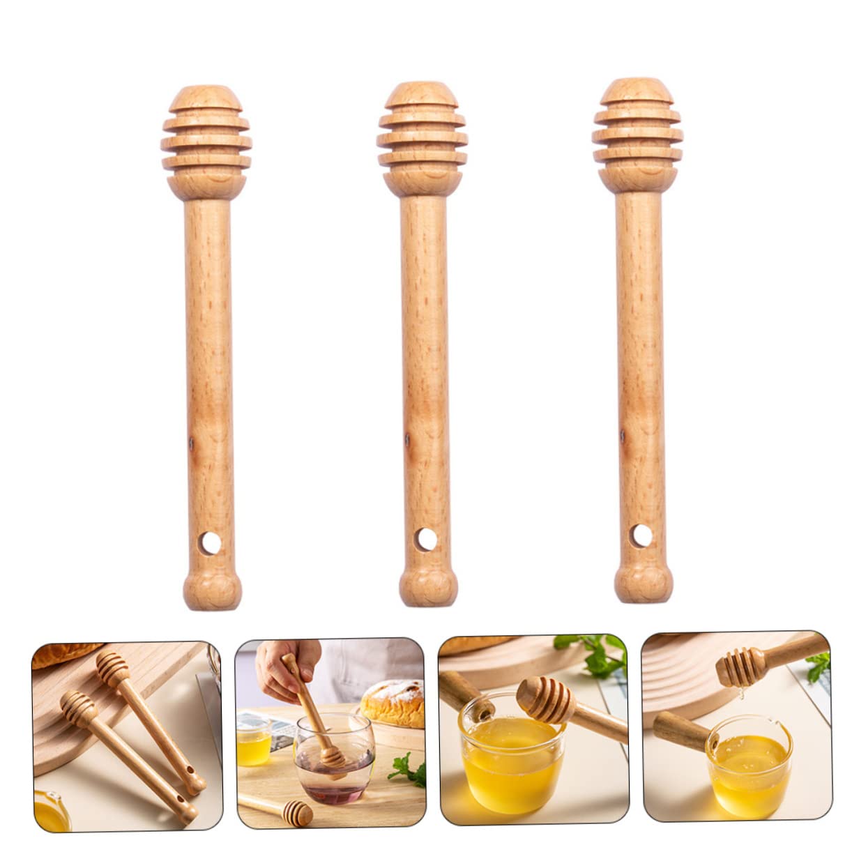 FUNOMOCYA Wooden Honey Stirrer Sticks 3 Piece Set Multi-function Stirring Stick for Honey Syrup and Viscous Substances Easy to Use and Cle