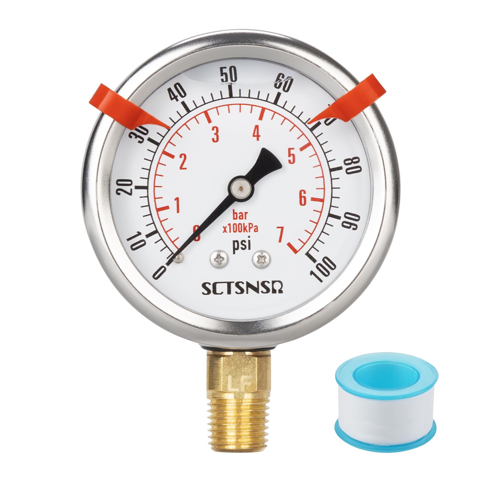 SCTSNSR 0 to 100 Psi Lead-Free Pressure Gauge, Glycerin Liquid Filled, 2.5 inch Dial, 1/4" NPT Lower Mount, Stainless Steel Case, for Water Pump, Pneumatic Air, Well Tank, RV Hose, Gas, Pressure Test