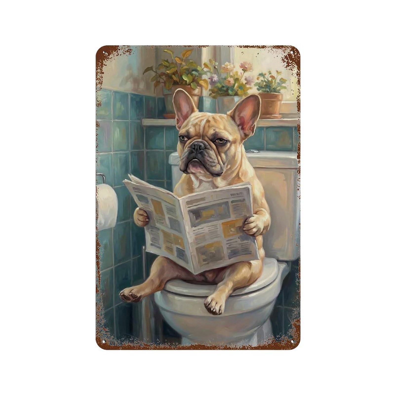 Garage Style Bulldog Reading Newspaper on Toilet Rust Effect Tin Sign 11.8"x7.9", Classic Wall Plaque for Bar And Workshop