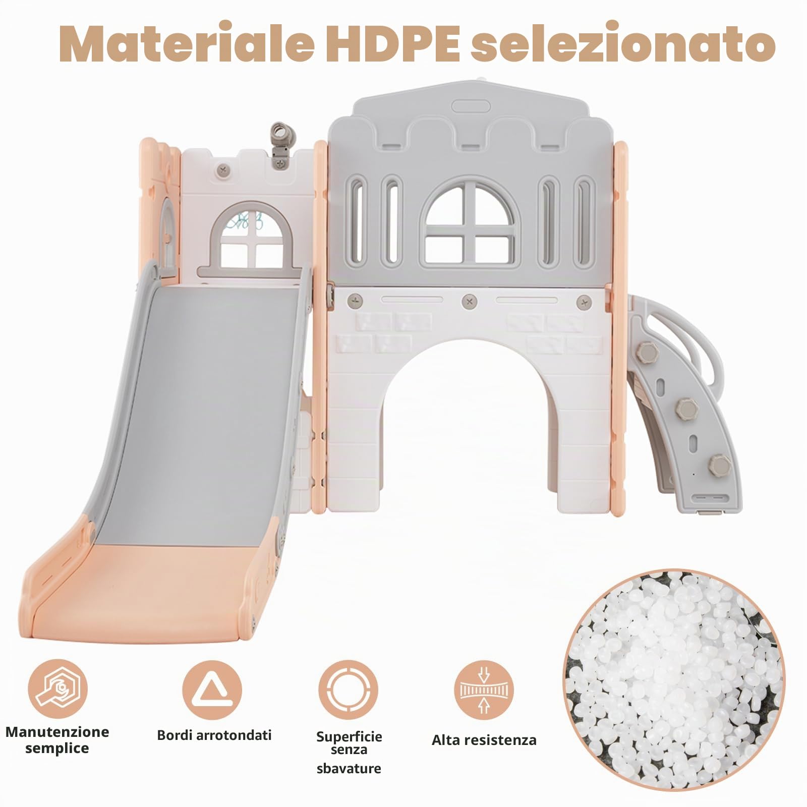 HOMASIS Scivolo per Bambini in HDPE, 9 in 1 Parco Giochi con Volante, Cannocchiale, Canestro da Basket, Tunnel, Scala da Arrampicata, Palestra Montessoriana per Bambini da 3+ Anni (Rosa)