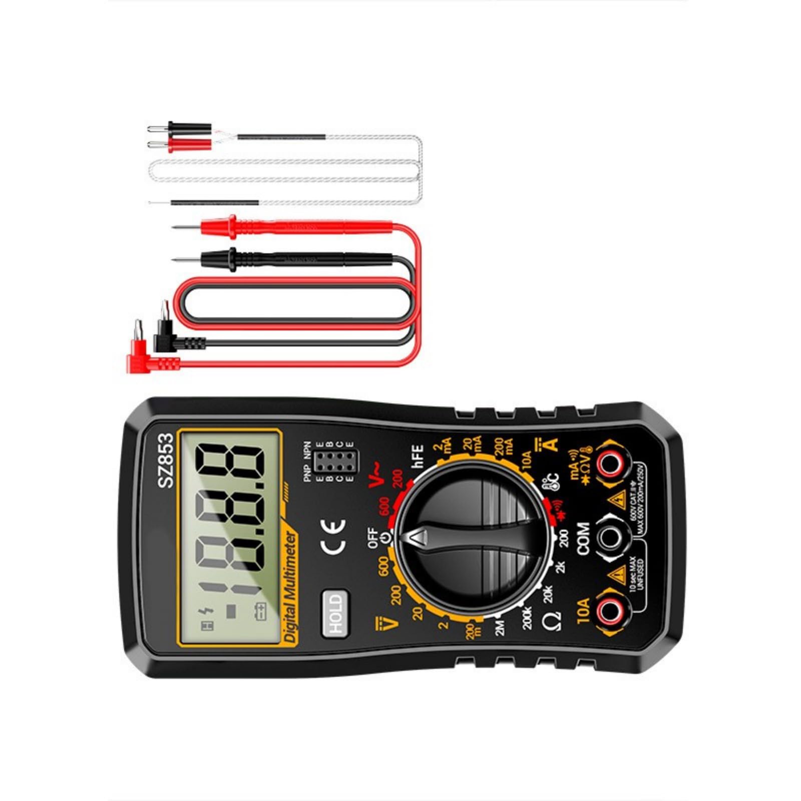 Professional Handheld ABS Digital Multimeter for Electronics Repair with HFE Transistor Testing and Temperature Probes Multifunction Electrical Tester