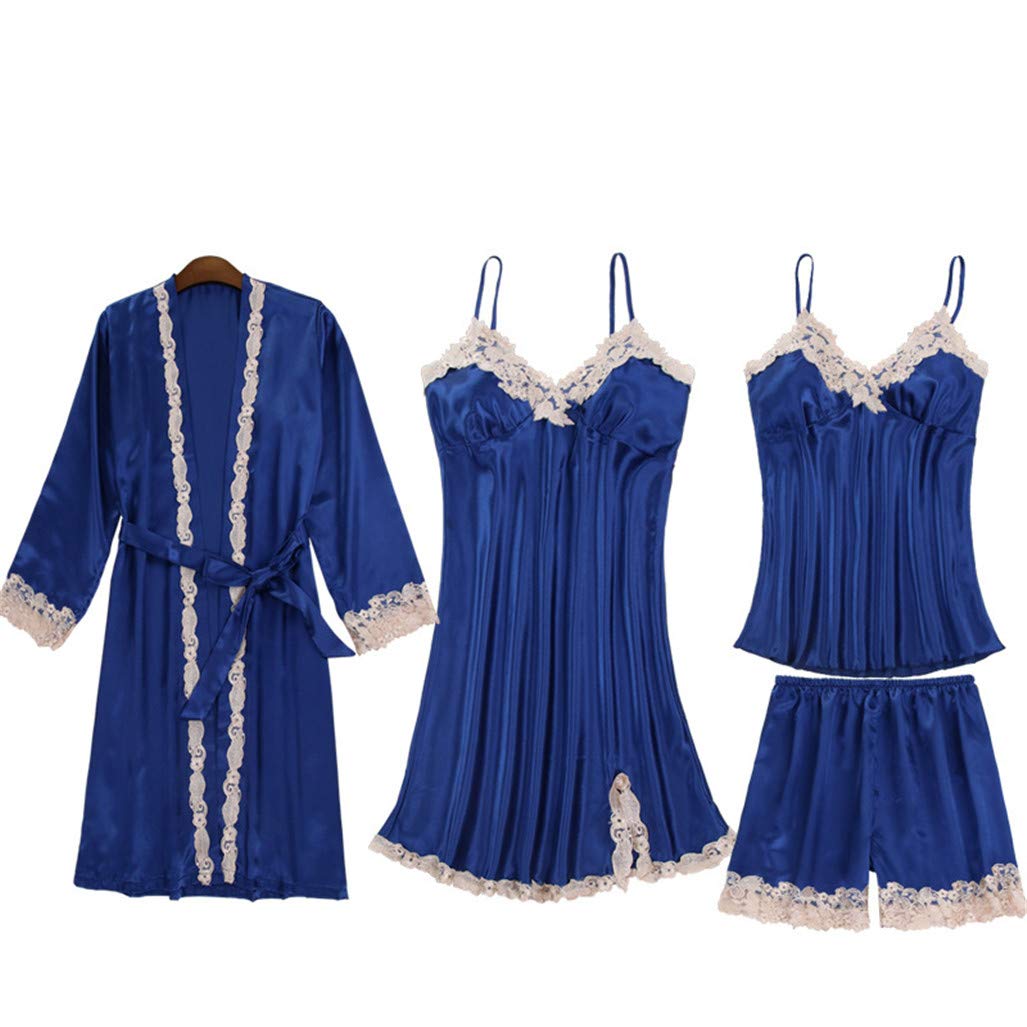 Sexy Womens Silk 5PCS Sleepwear Sets Night Robe Strap Top Pajamas Suit Summer Satin Home Wear Nightwear Sleep Kimono Bath Gown 9395 XL