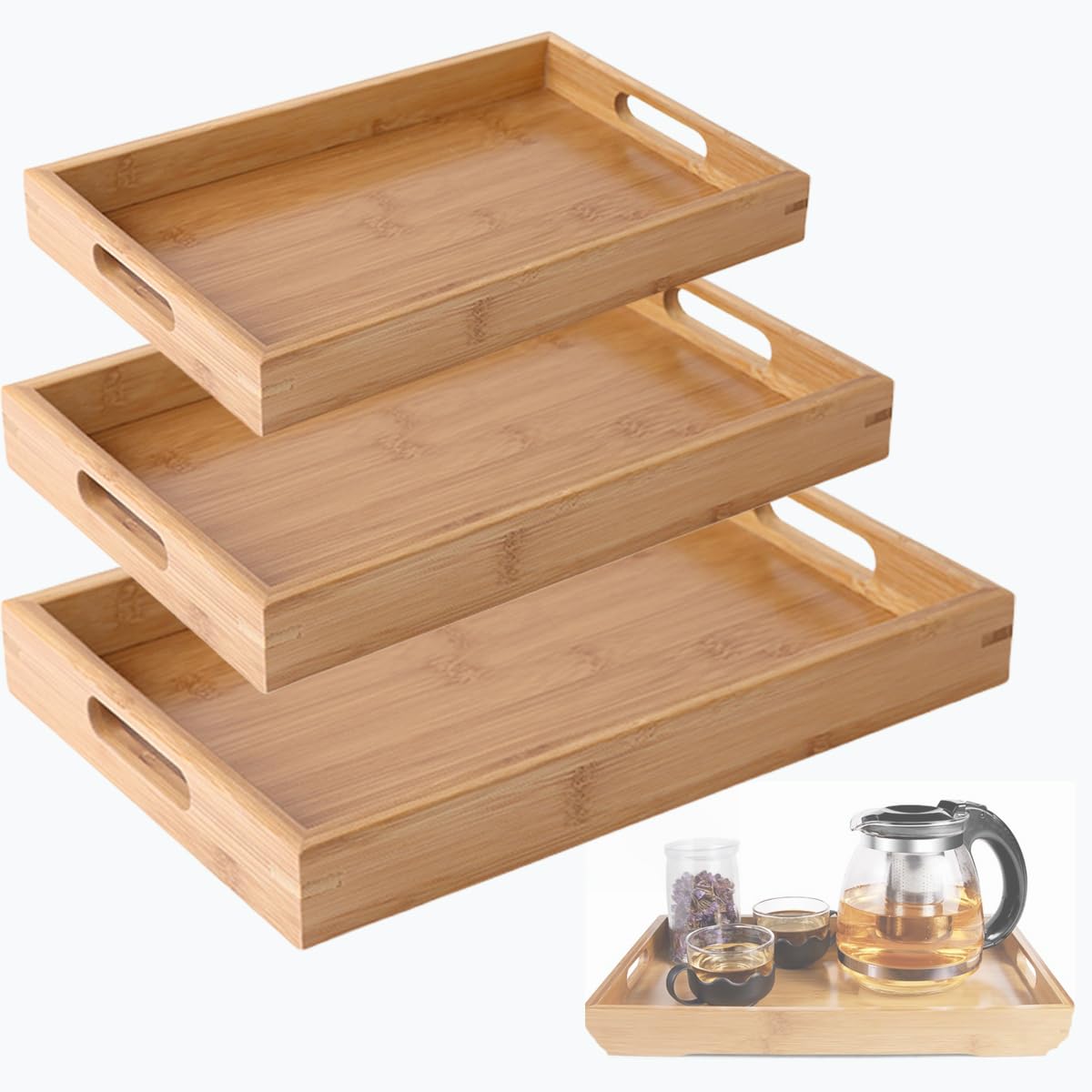 Bandeja de madera maciza, cuadrada antideslizante, para té, café, aperitivos, bandeja para servir con bordes elevados, bandejas de madera de 3 tamaños, bandejas decorativas para fiestas, servir